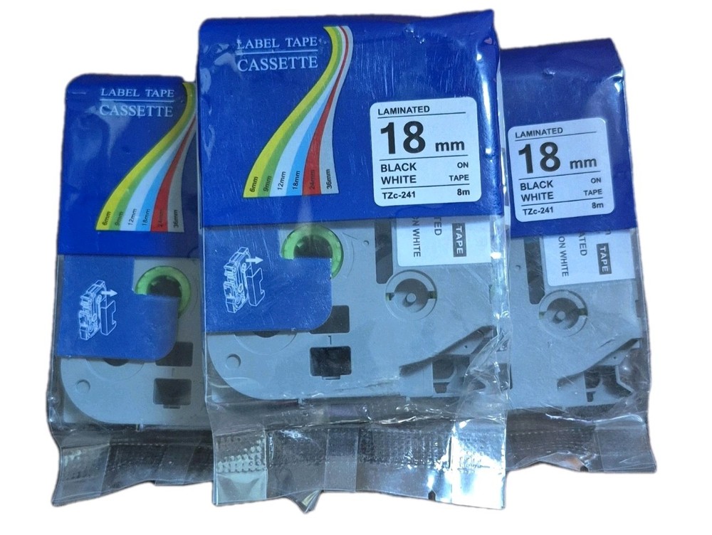 TZc-241 Laminated Label Tape Cassette 18mm Black on White 8m Thermal