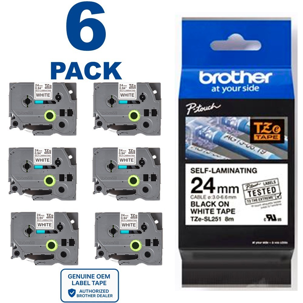 Brother TZe-SL251 Self-Laminating Black on White 1″ (24mm) Label Tape **6-PACK**
