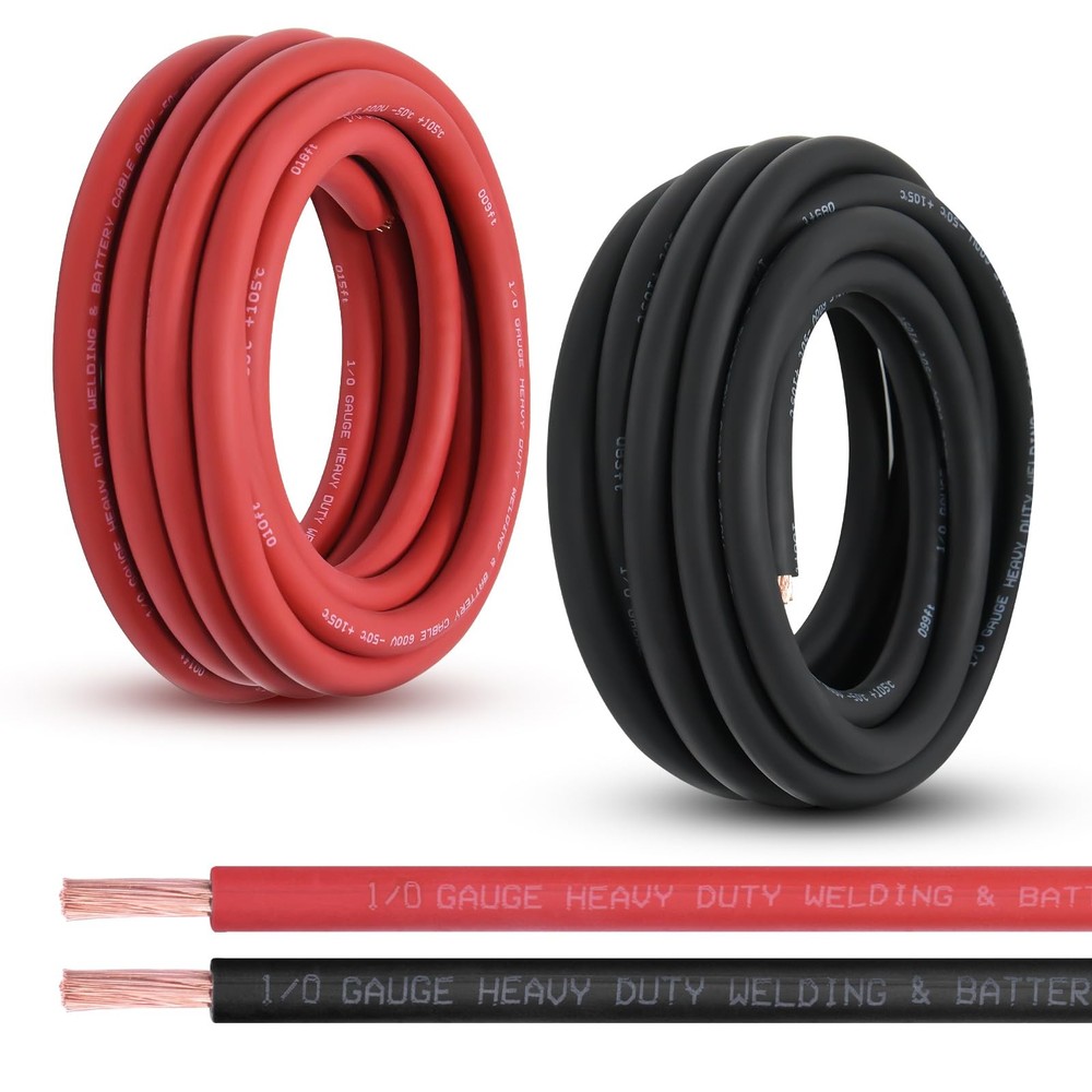 1/0 Gauge Battery Cable, 20ft Red + 20ft Black 1/0 Awg Pure Copper Wire Welding