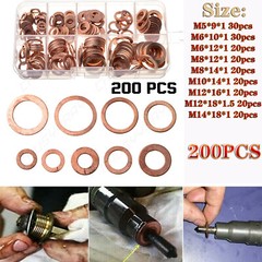200pcs Copper Washer Gasket Set Flat Ring Seal Assortment Kit with Box M5-M22