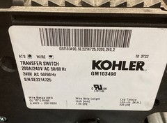 Kohler GM103490 RXT contactor assembly for 200amp, 240volt single phase, non SE
