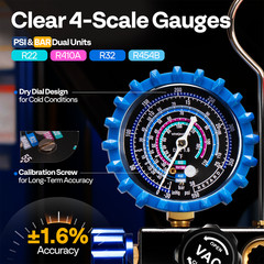 4 Valve HVAC Manifold Gauge Set R410A R454B R32 R22 AC Gauges w/ 5ft Hoses Kit