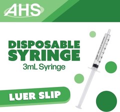 AHS 3ml 3cc Luer Slip Syringe, Sterile, 100/Box, Syringe Only No Needle