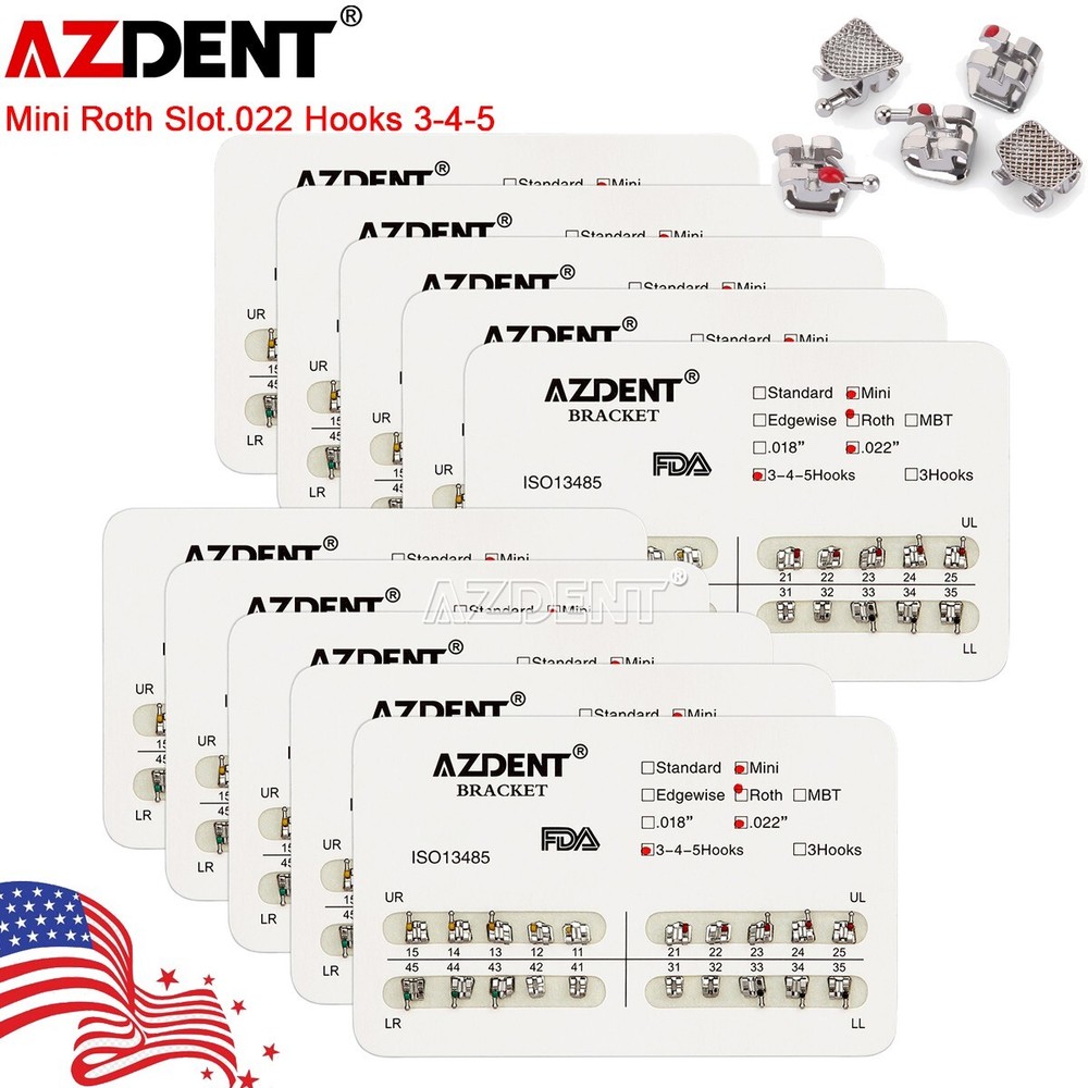 50X AZDENT Dental Orthodontic Metal Brackets Braces Mini Roth.022 Hooks 3 4 5