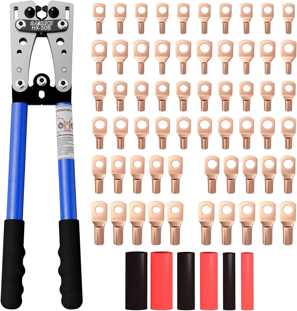 Battery Cable Lug Crimping Tool Kit for AWG 8-1/0 Electrical Lug Crimper with 60