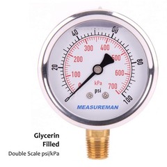 MEASUREMAN Pressure Gauge 1/4 NPT, 0-100psi/kPa Glycerin Filled 0-100 psi