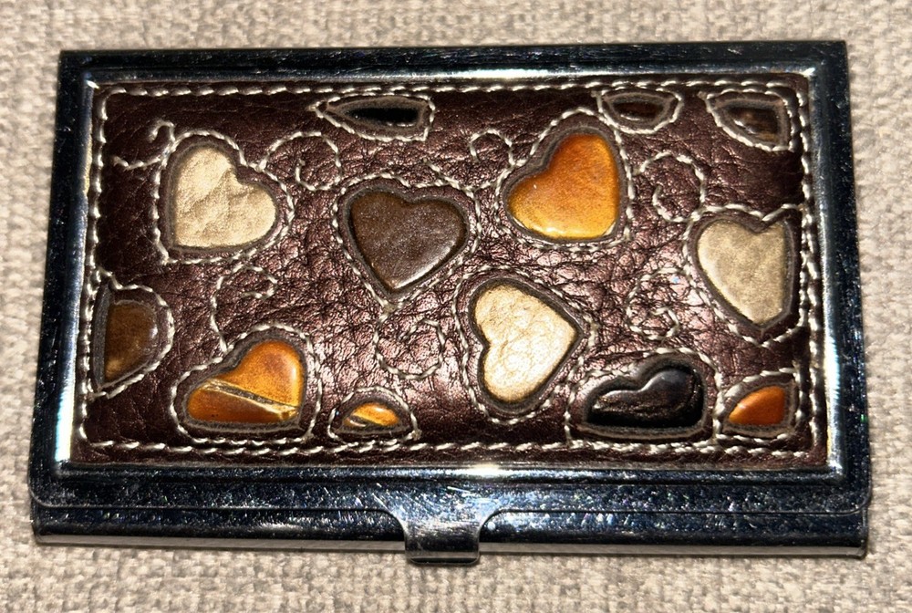 Brighton vintage multi color hearts Metal leather Business Card Holder Case