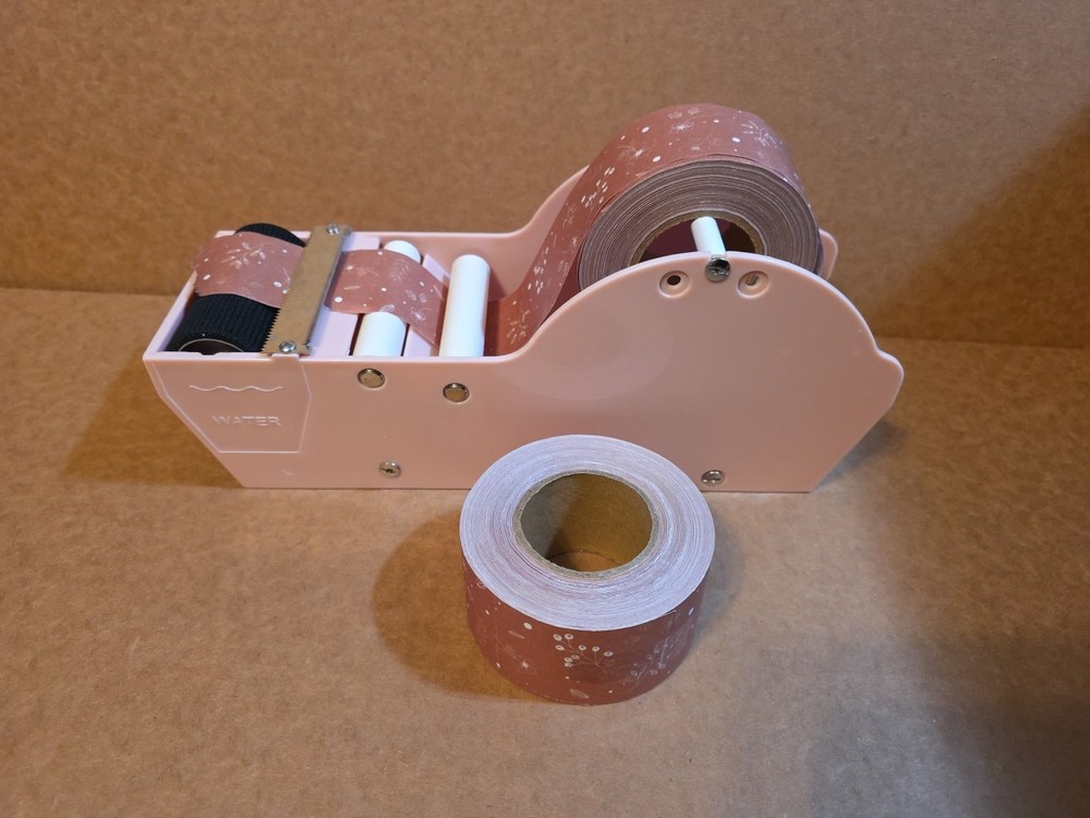 Desktop Water Activated Tape Dispenser With 2 Rolls Of Paper Tape Pink