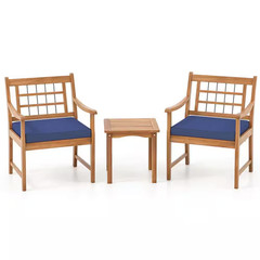 3-Piece Acacia Wood Outdoor Bistro Set with Coffee Table for Porch and Navy Cush