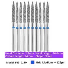 10/Pk Dental Diamond Bur Flame Shape FG 863-014M Medium Grit Friction Grip