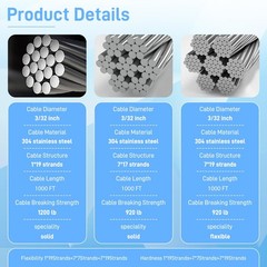 3/32 in Stainless Steel Cable Wire Rope 1000ft, 7×7 Strands Stainless Steel A…