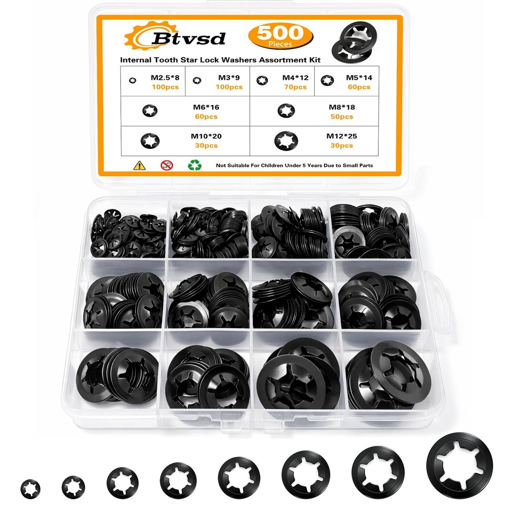 500PCS Internal Tooth Star Lock Washers Assortment Kit, Carbon Steel Black