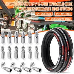 33FT Hydraulic Hose + 16 Fittings Straight & 90° 1/4″ JIC Female & 1/4 NPTF Male