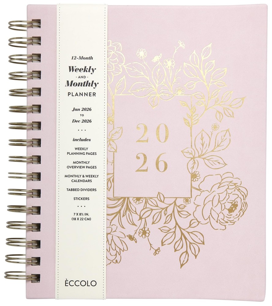WORLD TRAVELER 2026 Planner Weekly & Monthly 7X8.75, White/Golden Peony