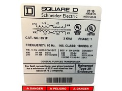 Square D 3S1F 3 kVA Single Phase General Purpose Transformer 240x480V to 120/240