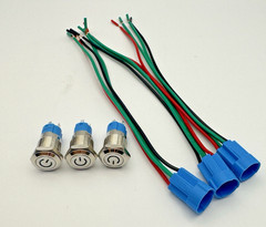 3 x 12MM Momentary Push Button Switch 12V w/ BLUE LED Pre-Wired Connector