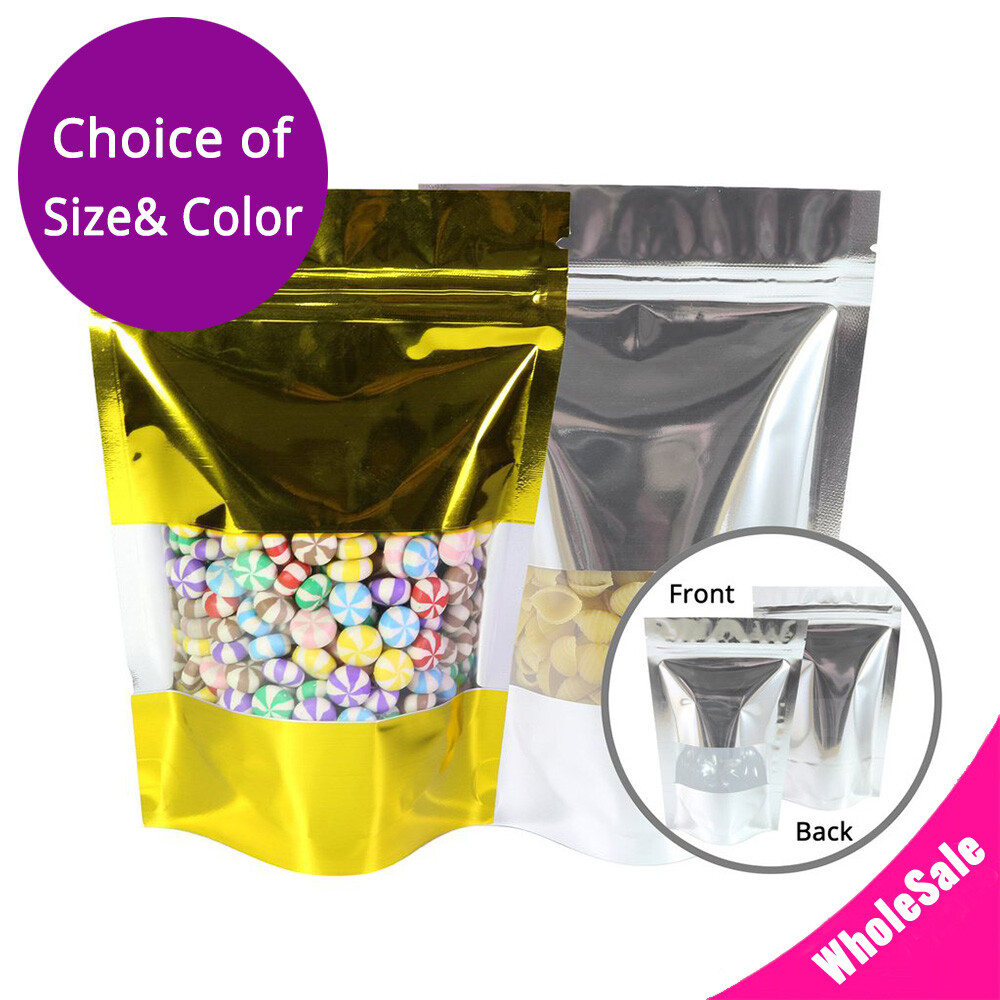 Multi-Clolor & Size Glossy Foil Mylar Stand Up Zip Lock Bag w/ Rectangle Window