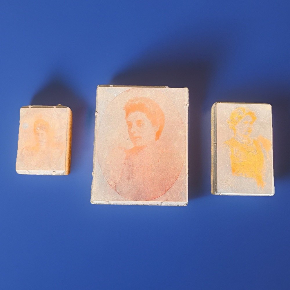 Vintage Portrait Printing Blocks Lot 3 Women Letterpress Printer Cuts Zinc