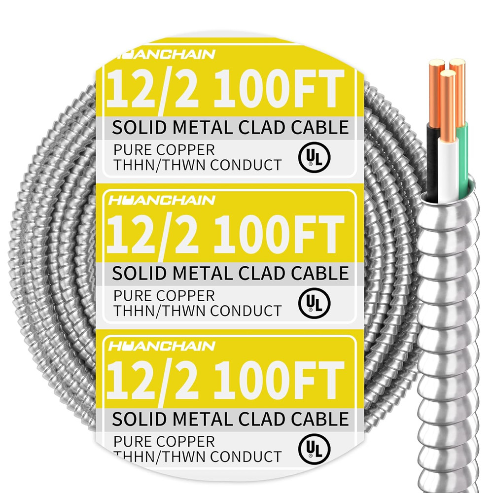 100 Ft 12/2 MC Cable with Ground, Aluminum Armor, UL Listed, Indoor/Outdoor