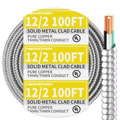 100 Ft 12/2 MC Cable with Ground, Aluminum Armor, UL Listed, Indoor/Outdoor