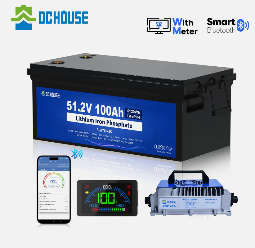 DCHOUSE 48V 100Ah Lithium Golf Cart Battery + 48V 18A Charger Trolling Motor RV