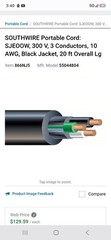 Southwire SJEOOW Portable Cord 10 AWG 3-Conductor 14 ft 300V Black Copper