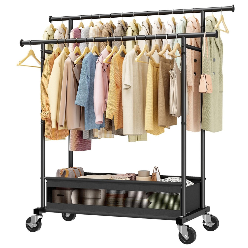 Clothes Rack, Double Rod, 210 LBS, Storage Basket, Black | Rolling Garment Ra…