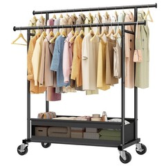 Clothes Rack, Double Rod, 210 LBS, Storage Basket, Black | Rolling Garment Ra…