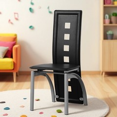 4pcs Dining Chairs – High Back Square Cutout Design, Chrome Legs & PU Leather