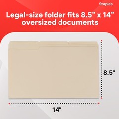 Staples Recycled File Folders, Legal Size, 1/3‑Cut Tabs, 100 Pack, Manila