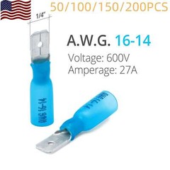 Blue Heat Shrink Marine Grade Male Spade Crimp Connectors Terminals, AWG 16-14