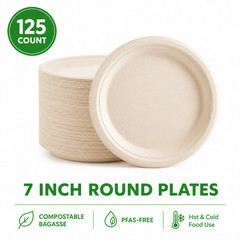 125/250500/1000pcs 7 Inch Compostable Disposable Bagasse Round Party Plates