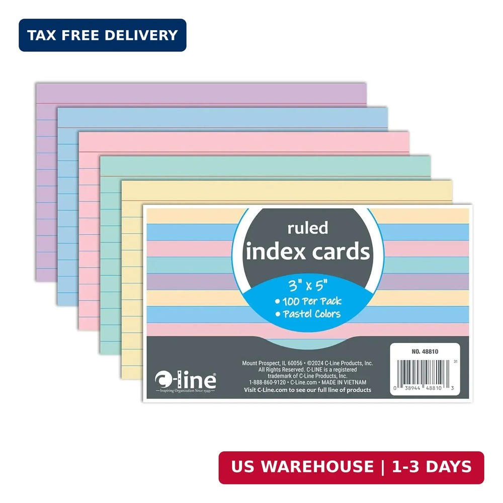 C-Line 3” x 5” Index Cards, Assorted Colors, Ruled, 100/PK (48810)