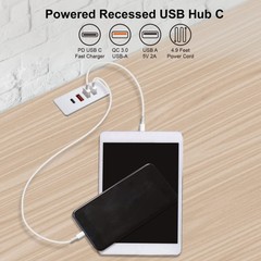 Powered USB C Hub Socket Recessed C Power Strip Outlet with Fast White