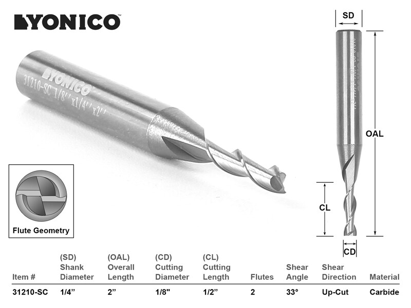 1/8″ Dia. Upcut Spiral End Mill CNC Router Bit – 1/4″ Shank – Yonico 31210-SC