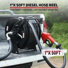 Fuel Hose Reel Retractable Diesel Hose Reel 1″ x 50′ Auto Fueling Nozzle, Black