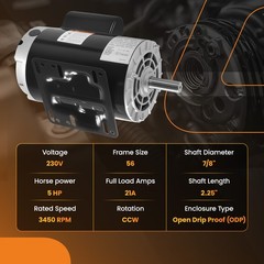 5 HP Compressor Duty Electric Motor 1 Phase 3450 RPM 56HZ Frame 7/8″ Shaft 230V