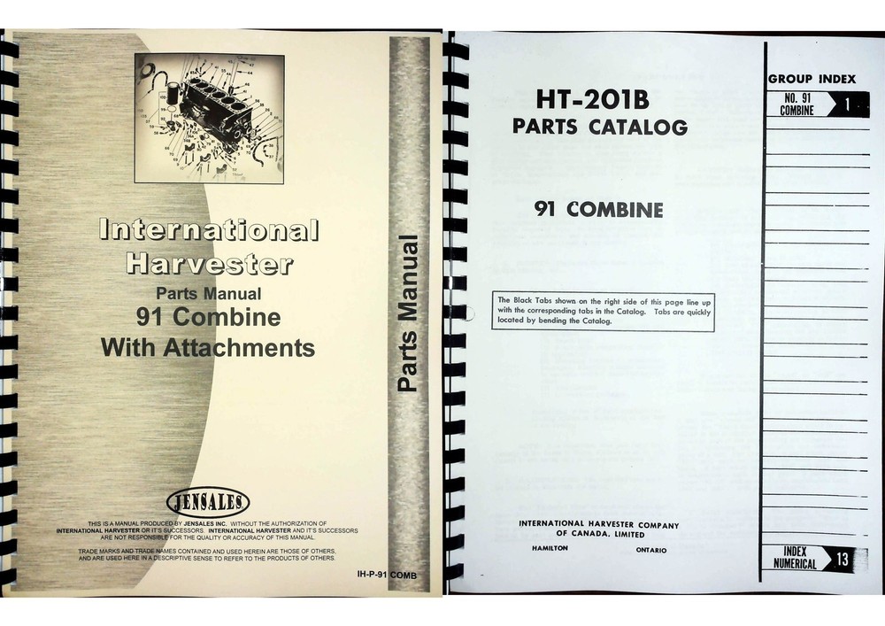 IH International 91 Combine Parts Manual Catalog & Attachments