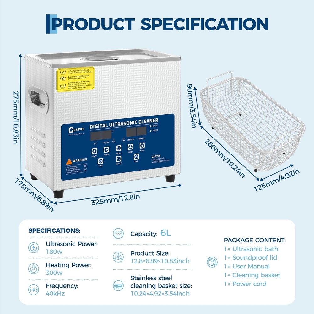 40kHz Ultrasonic Cleaner Heated Parts Cleaner Digital Timer 6L 10L 15L 22L 30L