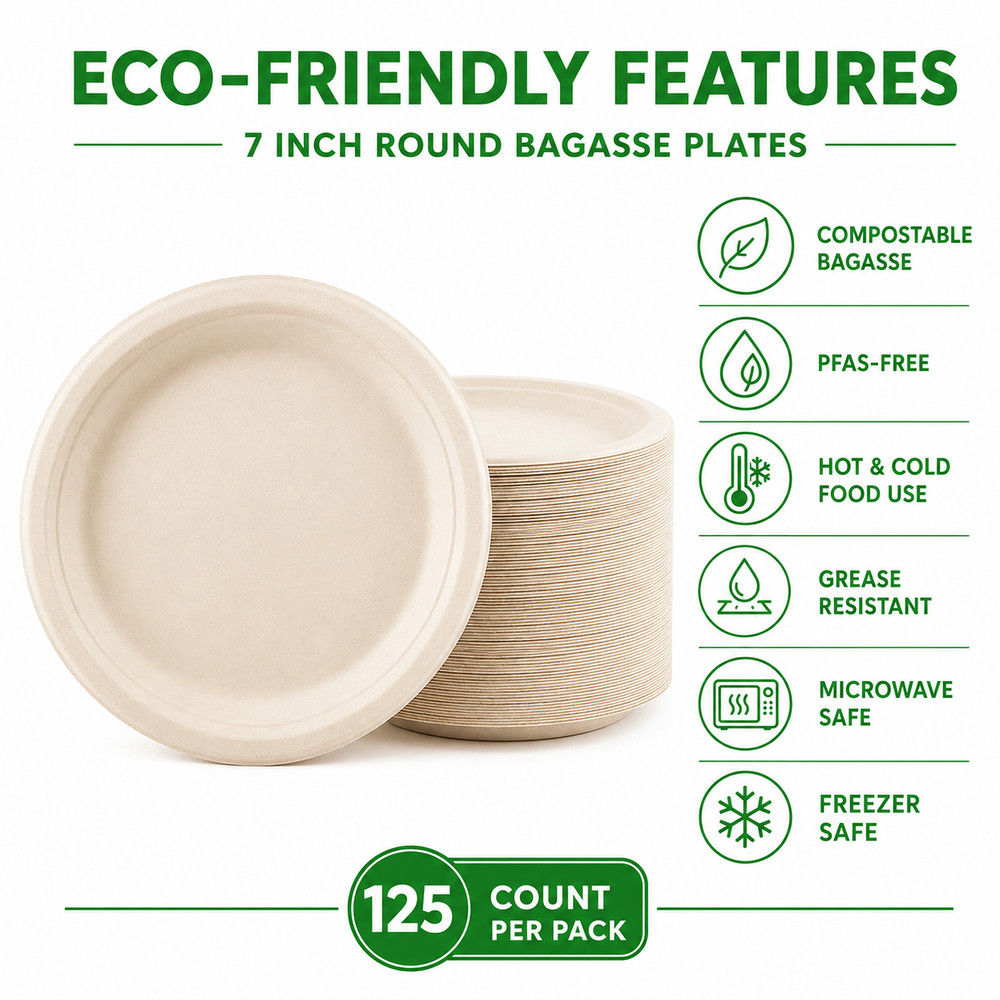 125/250500/1000pcs 7 Inch Compostable Disposable Bagasse Round Party Plates