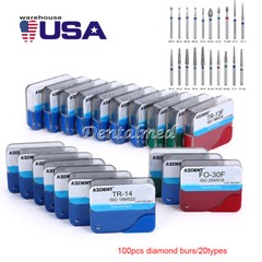 100Pcs Dental Diamond Burs for High Speed Handpiece Medium Friction Grip 20Types