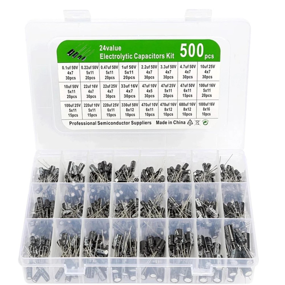 500PCS Electrolytic Capacitor Kit 24 Values 0.1uF-1000uF 10V-50V