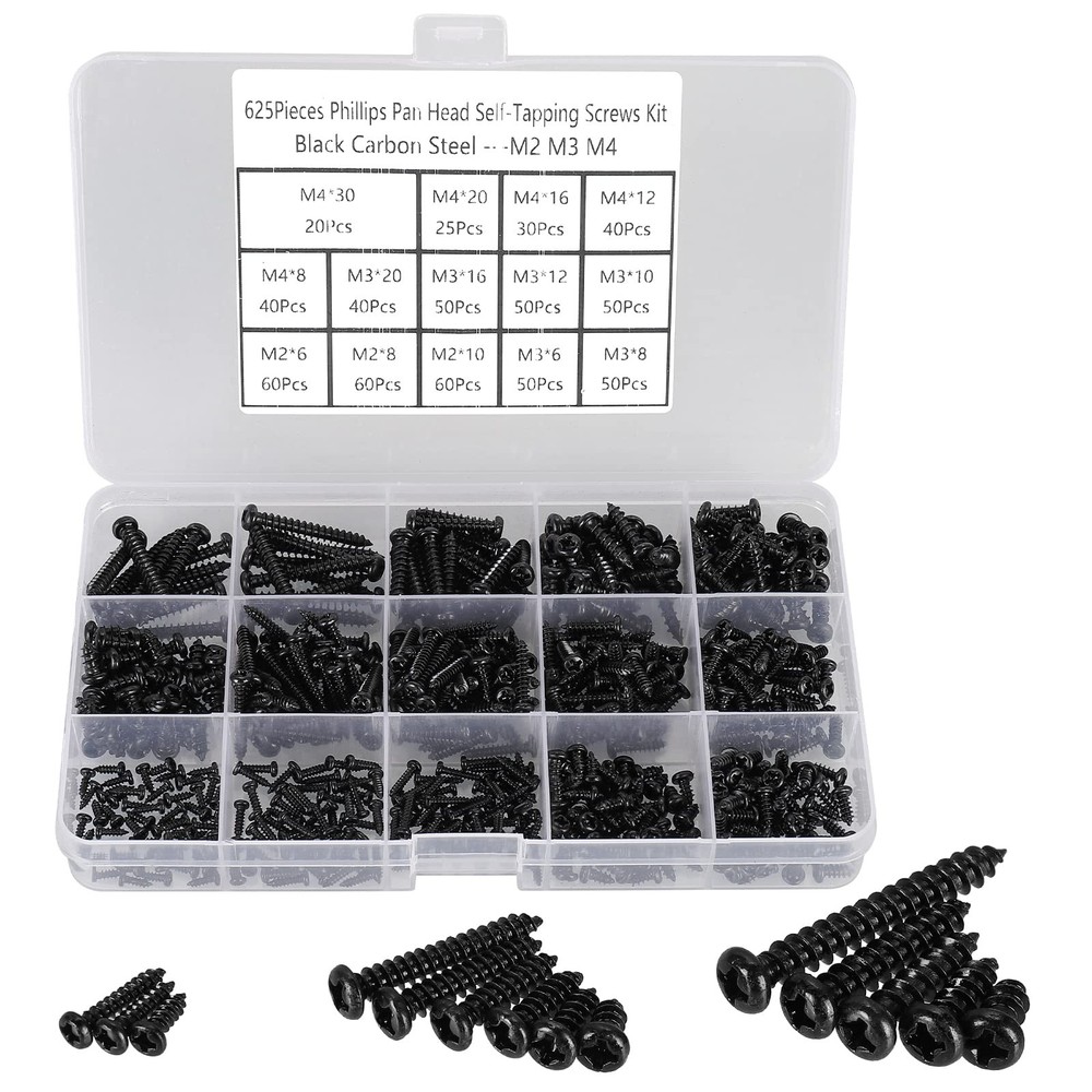 625pcs M2-M4 Phillips Pan Head Self-Tapping Screws Assortment Kit Black