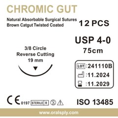 6 Boxes USP 4-0 CHROMIC GUT Absorbable Dental Surgical Suture 3/8 Needle Sterile