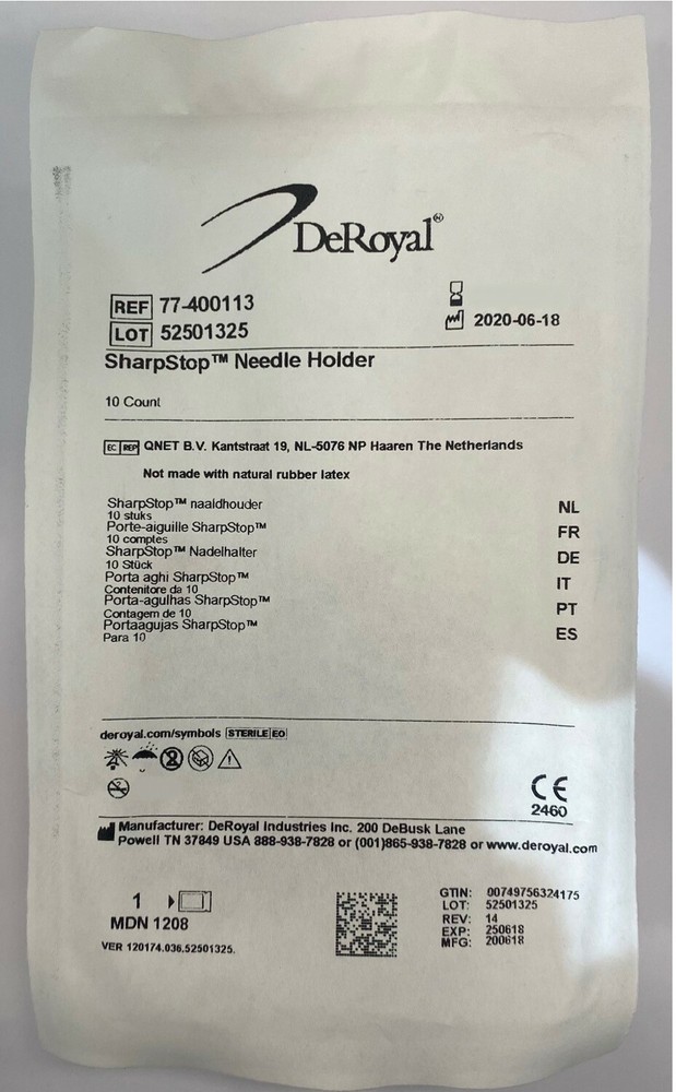 *1-Pack* DeRoyal SharpStop 10 Count Needle Holder Sterile 77-400113