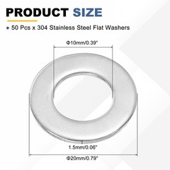 50Pcs M10 x 20mm x 1.5mm 304 Stainless Steel Flat Washers for Screws Bolts