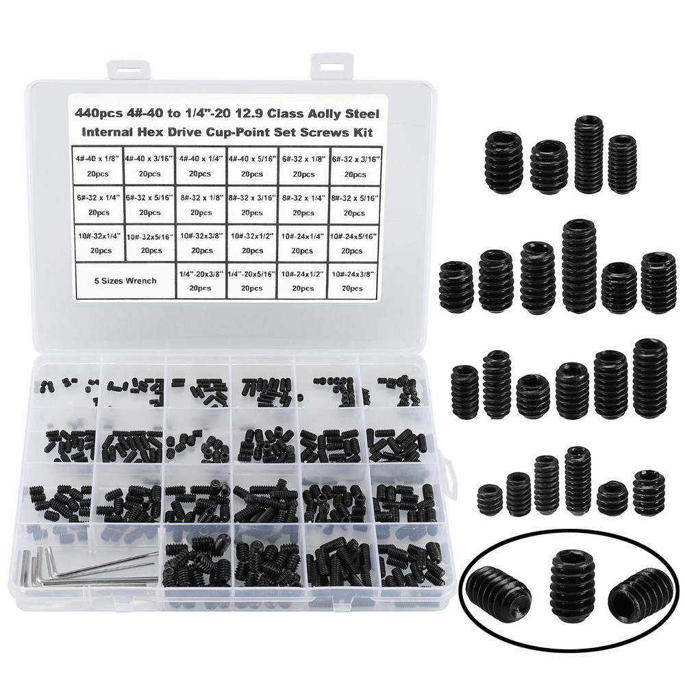 440Pcs 22 Sizes,4#-40 to 1/4″-20 Standard SAE Allen Head Socket Hex Grub Screw A