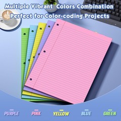 100 Sheets Colored 8×10.5 Inch Loose Leaf Paper, 5 Colored College Ruled 3 Ho…