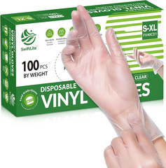 SWIFTLITE Disposable Vinyl Gloves, Food Safe, Latex-Free Powder-Free Clear Plast