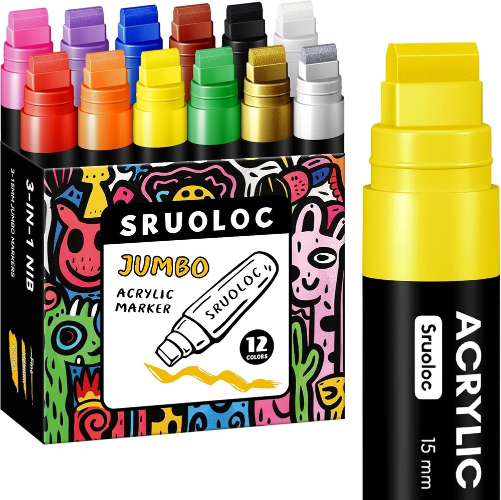 12 Colors Jumbo Markers, 15mm Jumbo Felt Tip, Acrylic Paint Markers for Rock
